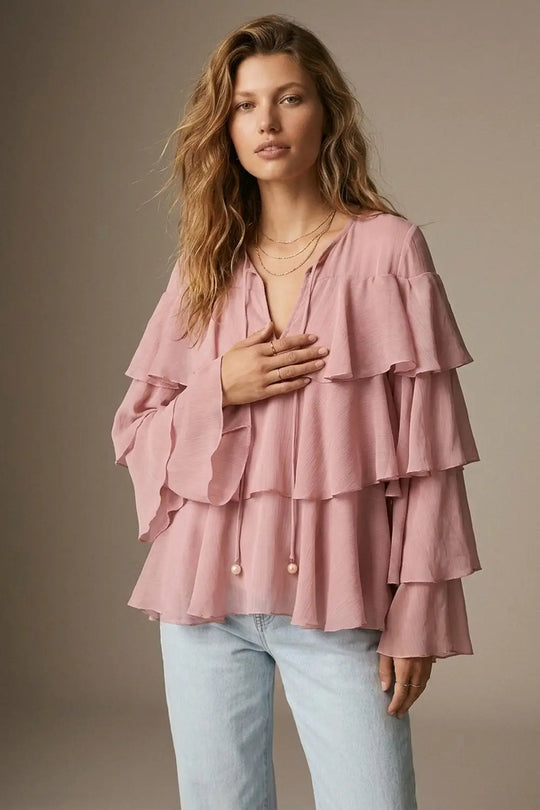 Pink Chiffon Tiered Ruffle Tie-Neck Flared Blouse Top