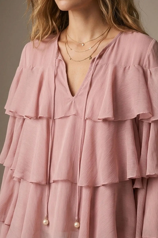Pink Chiffon Tiered Ruffle Tie-Neck Flared Blouse Top