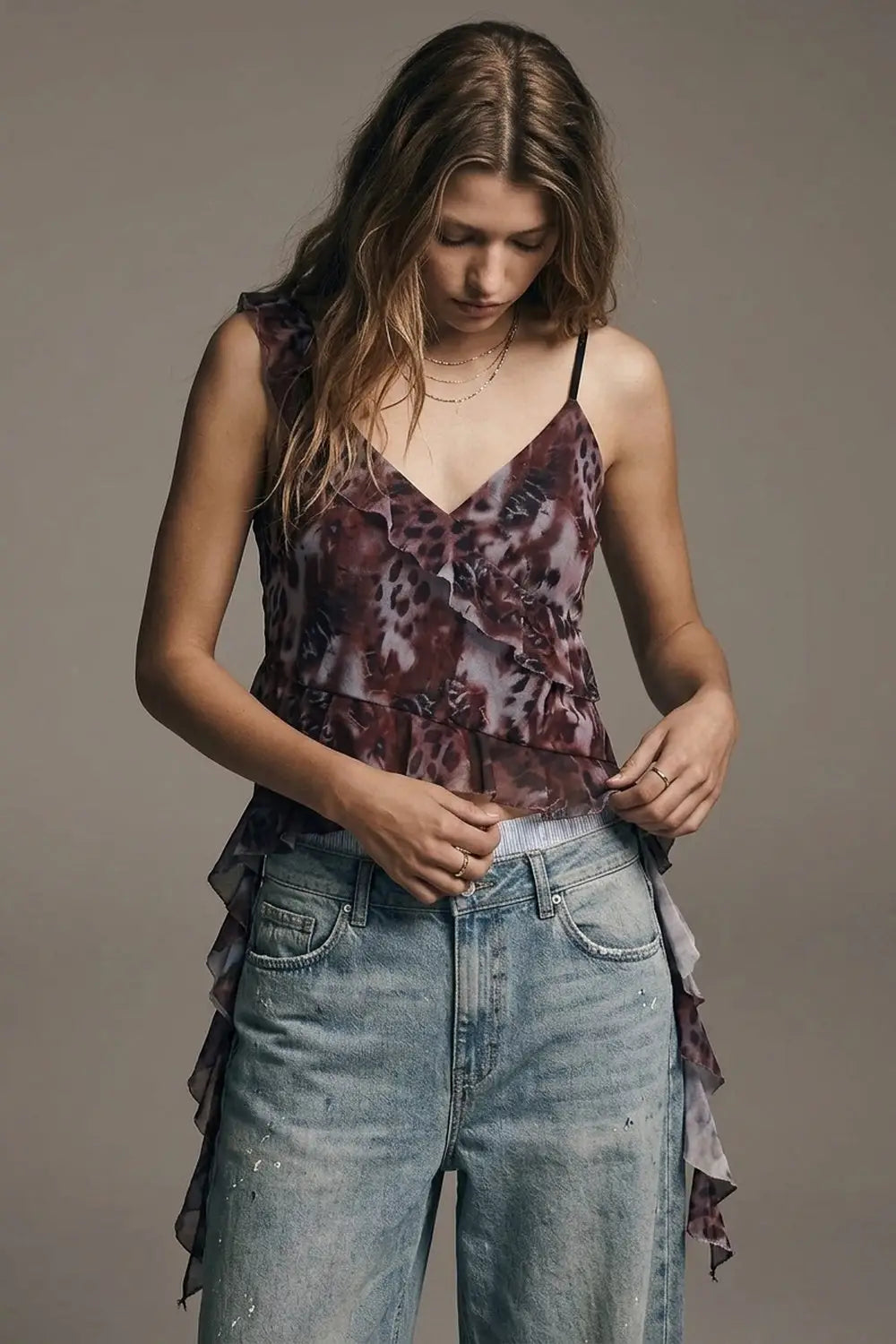 Animal Print Burgundy mesh Crop Top With Asymmetric Ruffle Detail