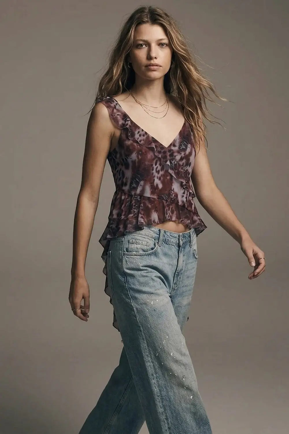 Animal Print Burgundy mesh Crop Top With Asymmetric Ruffle Detail