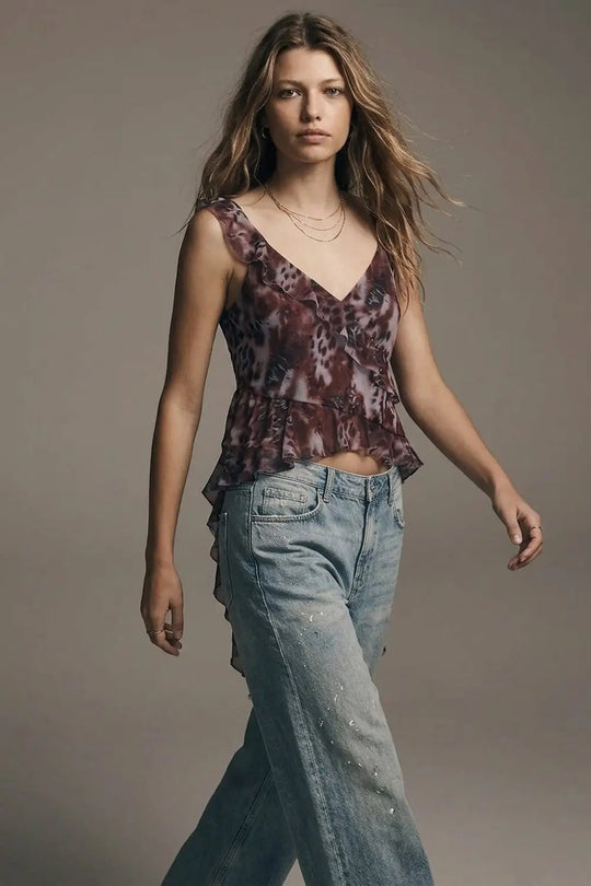 Animal Print Burgundy mesh Crop Top With Asymmetric Ruffle Detail