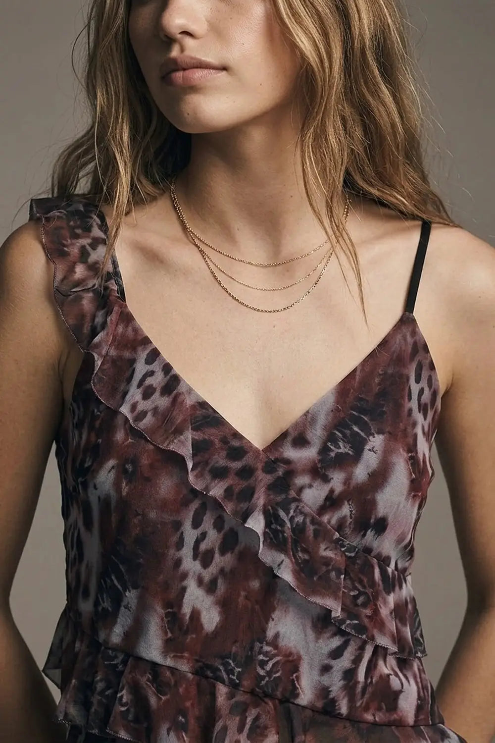 Animal Print Burgundy mesh Crop Top With Asymmetric Ruffle Detail