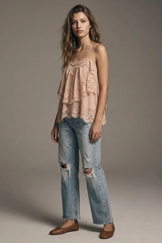 Beige Lace Insert Chiffon Tiered Ruffle Relaxed Fit Cami Top - Tops
