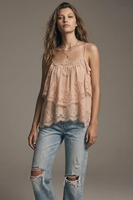 Beige Lace Insert Chiffon Tiered Ruffle Relaxed Fit Cami Top - Tops