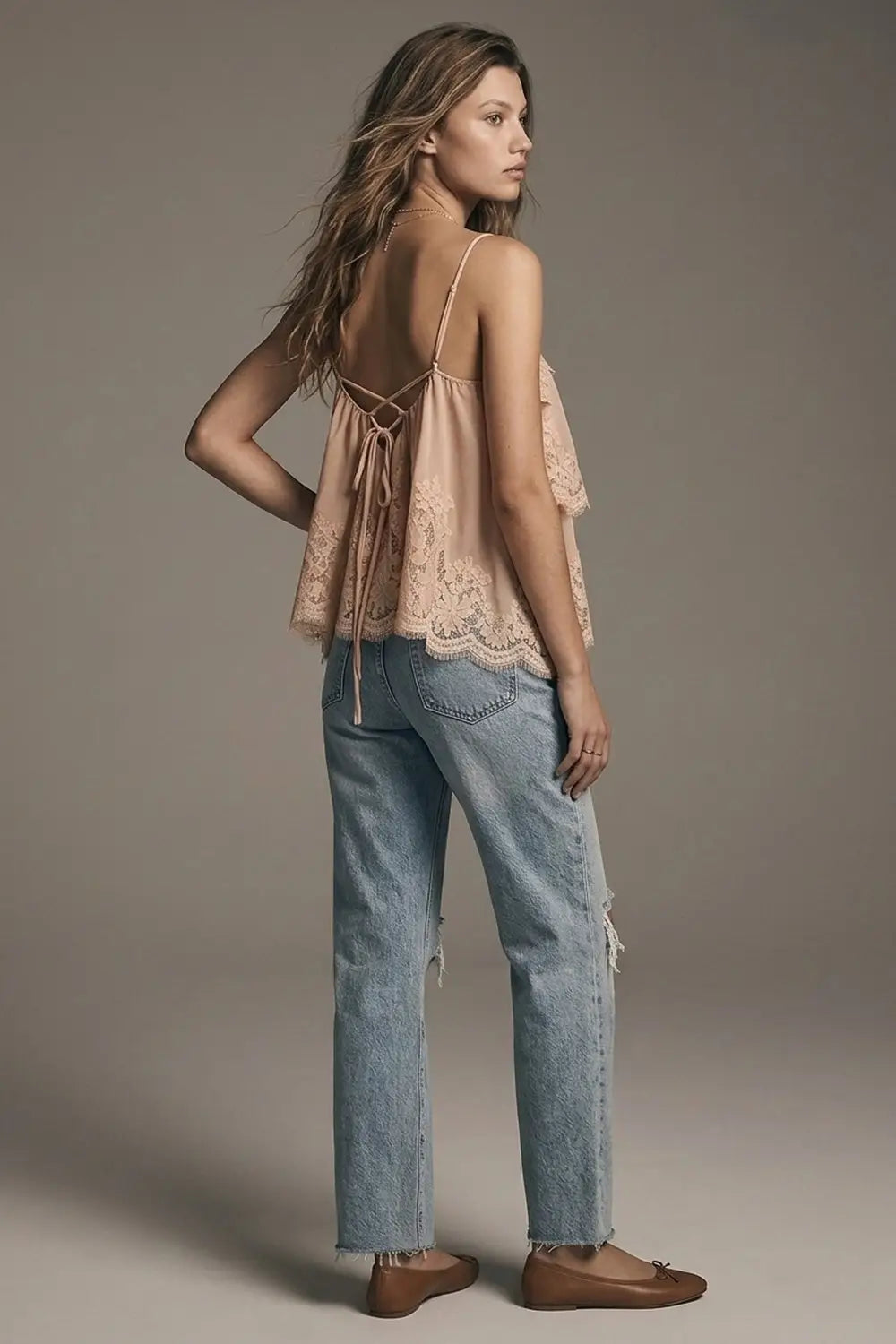 Beige Lace Insert Chiffon Tiered Ruffle Relaxed Fit Cami Top - Tops