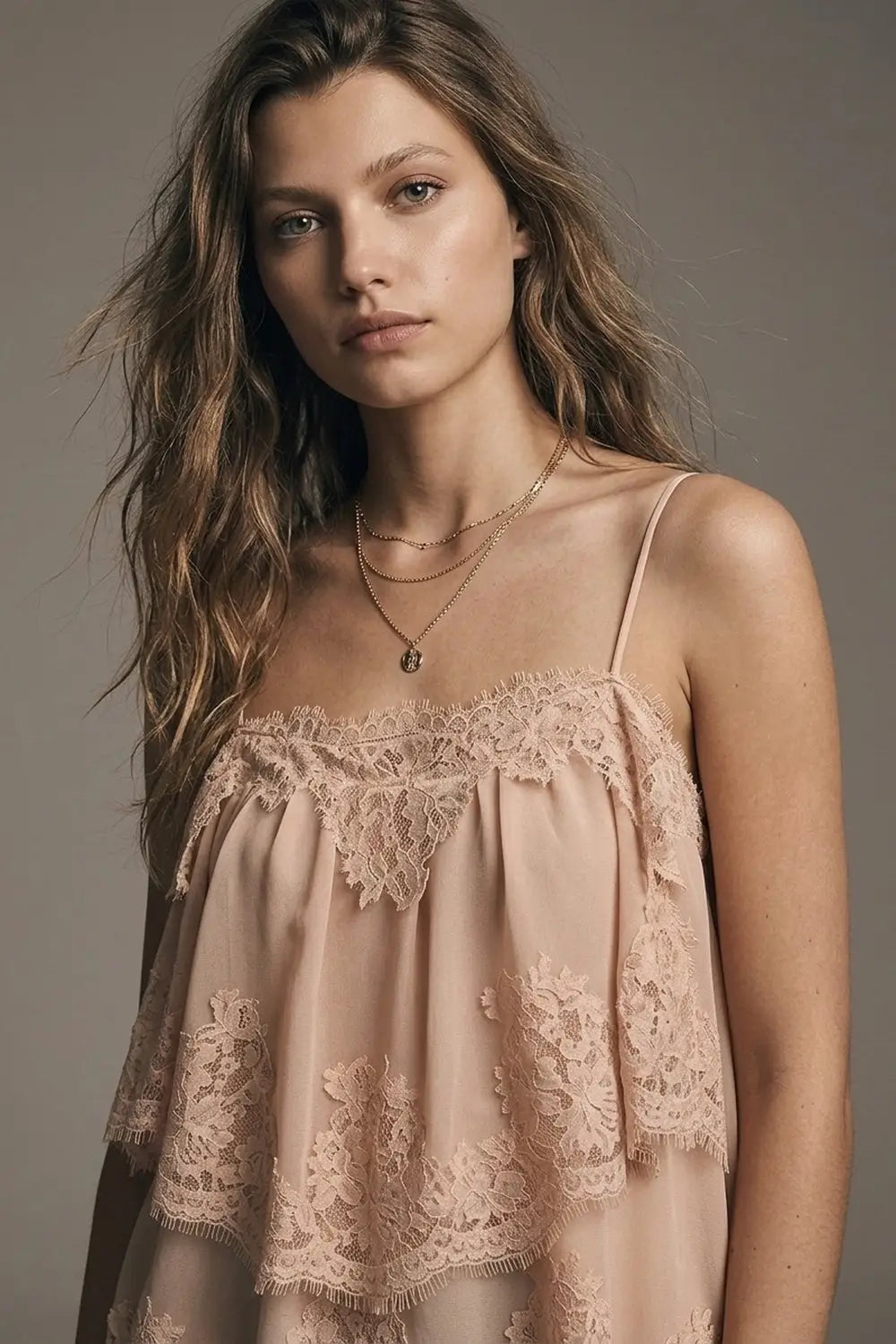 Beige Lace Insert Chiffon Tiered Ruffle Relaxed Fit Cami Top - Tops