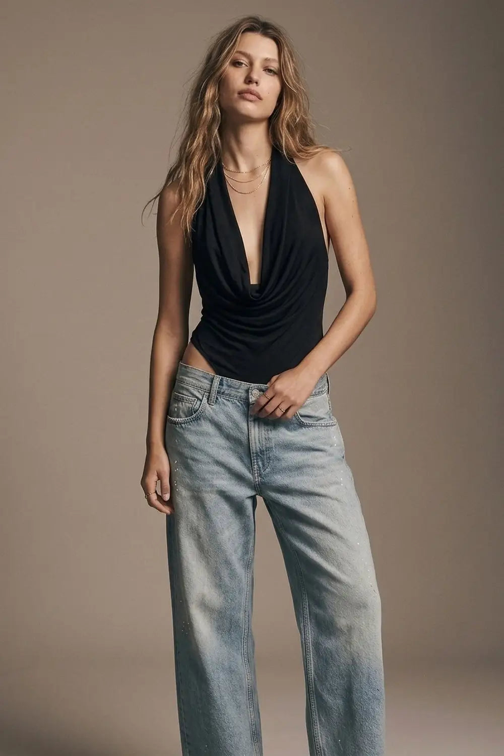 Black Lightweight Jersey Cowl Neck Halter Bodysuit - Tops