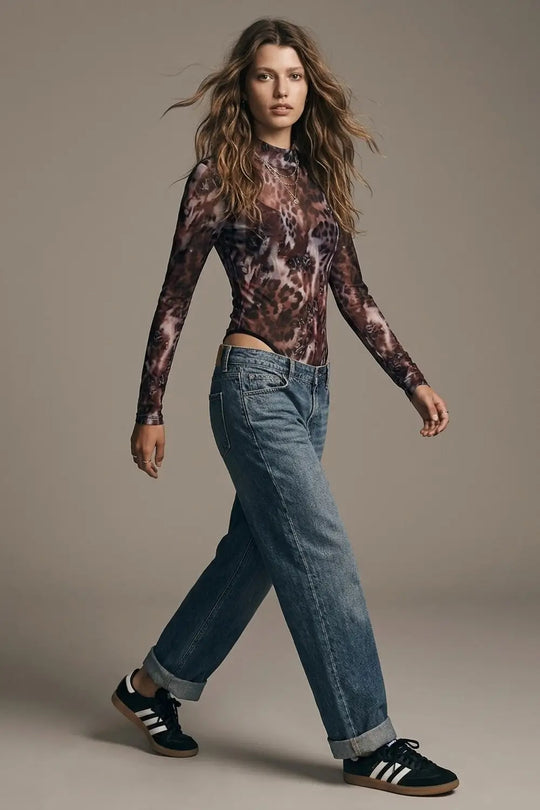 Burgundy Animal Print Sheer Mesh High Neck Long Sleeve Bodysuit - Tops