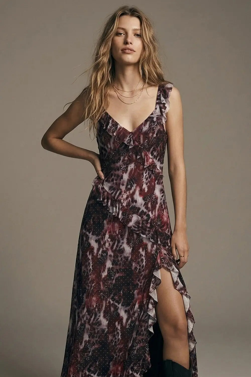 Animal Print Burgundy Mesh Dress With Ruffle Detail