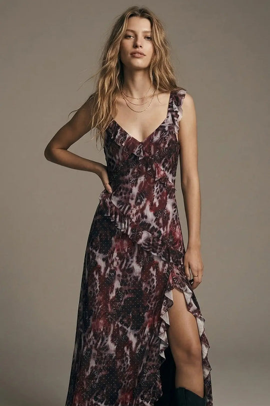 Animal Print Burgundy Mesh Dress With Ruffle Detail