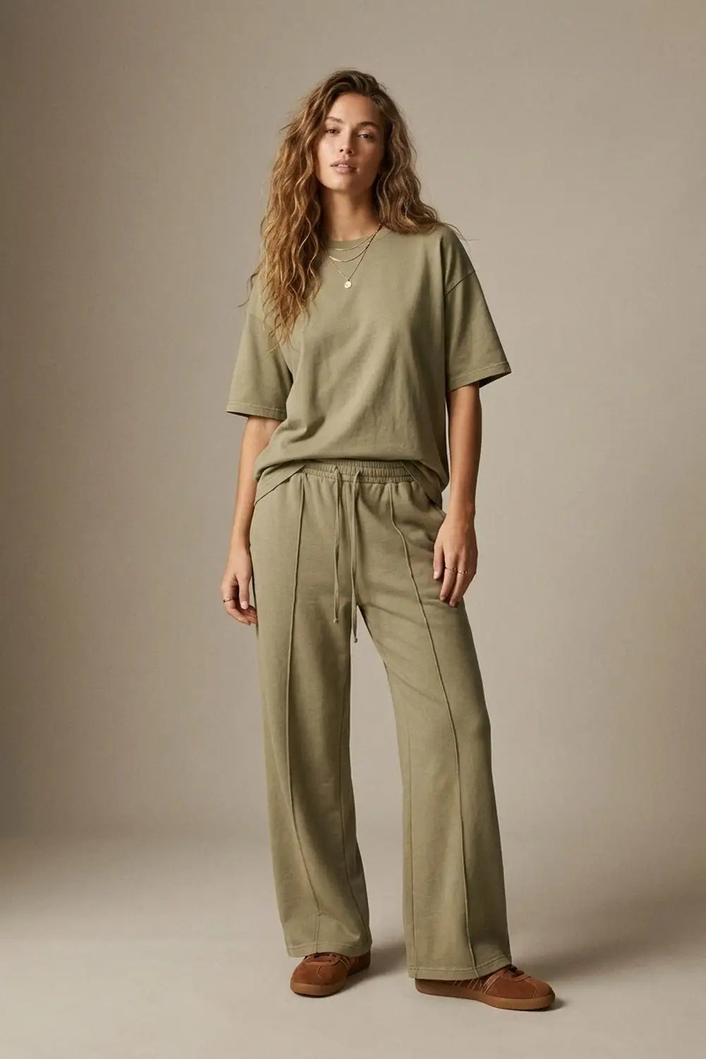 Khaki Cotton Wide Leg Elastic Waist Relaxed Fit Pants - Pants