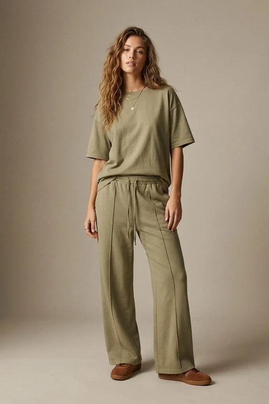 Khaki Cotton Wide Leg Elastic Waist Relaxed Fit Pants - Pants