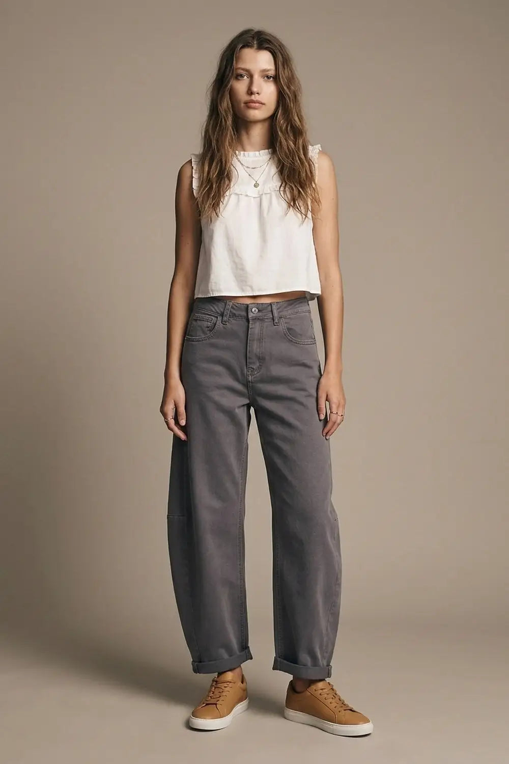 Trendy Gray Barrel Balloon Jeans with Pockets - Colored Jeans
