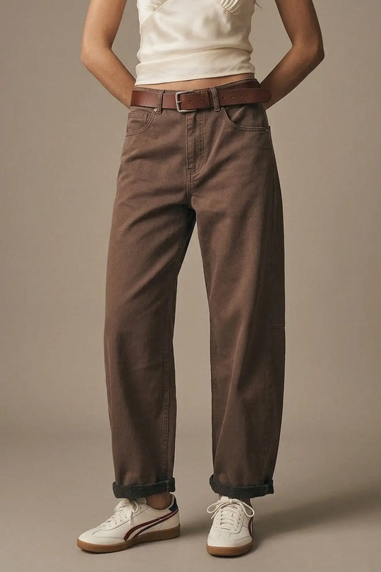 Relaxed Fit Straight Barrel Leg Pants in fango color - Pants