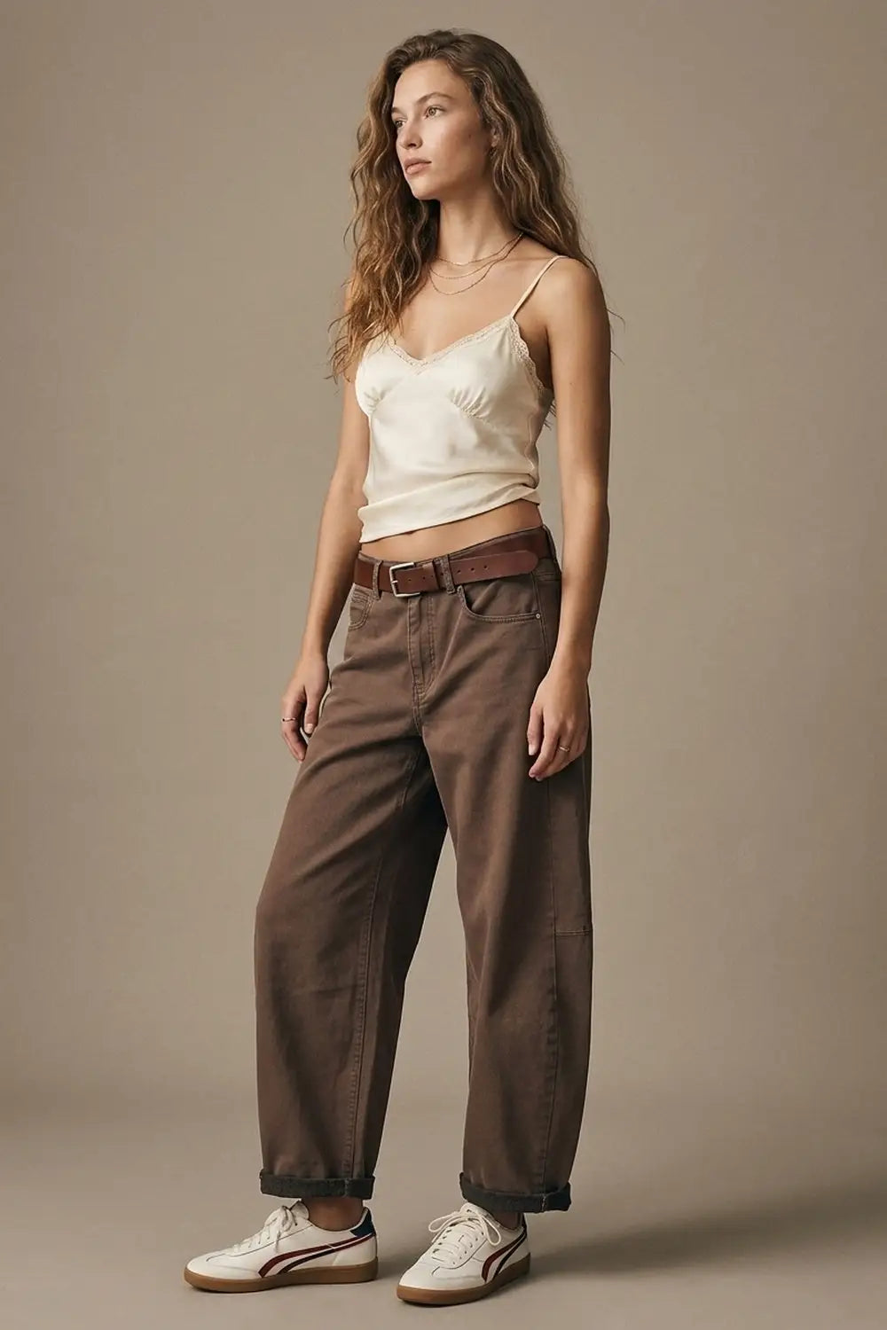 Relaxed Fit Straight Barrel Leg Pants in fango color - Pants