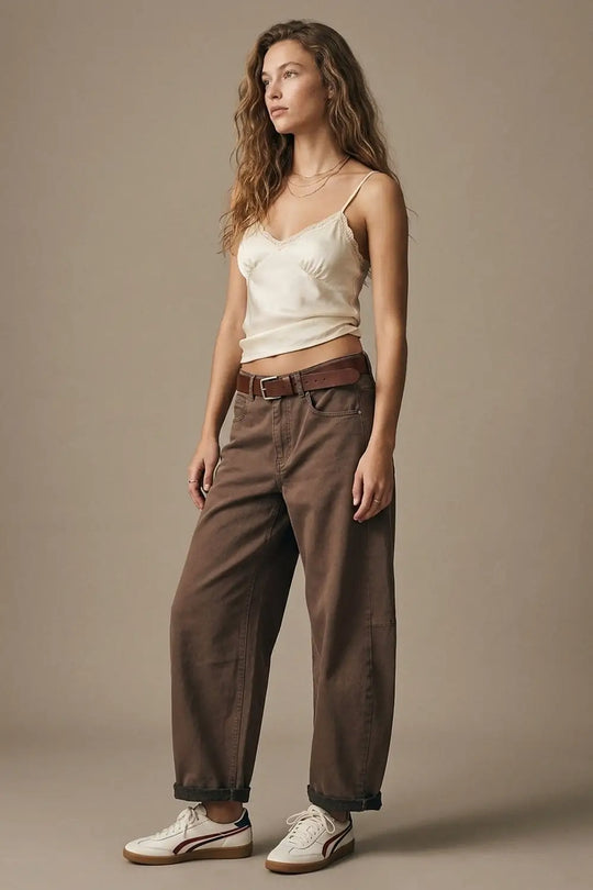 Relaxed Fit Straight Barrel Leg Pants in fango color - Pants