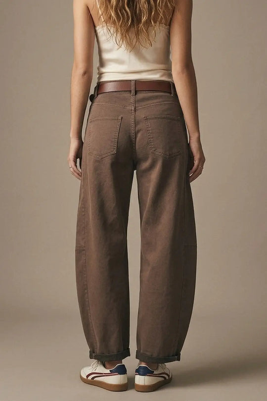 Relaxed Fit Straight Barrel Leg Pants in fango color - Pants