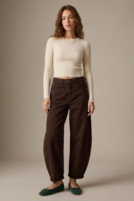 Relaxed Fit Straight Barrel Leg Pants in choco color - Pants