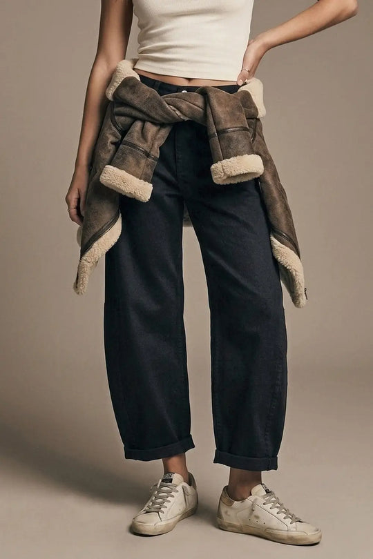 Trendy Black Barrel Balloon Jeans with Pockets - Pants