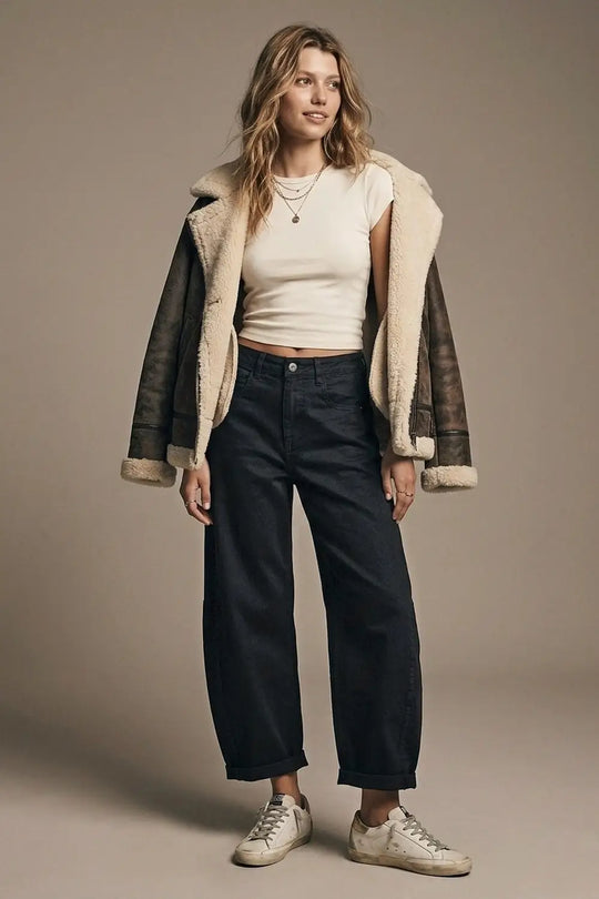 Trendy Black Barrel Balloon Jeans with Pockets - Pants