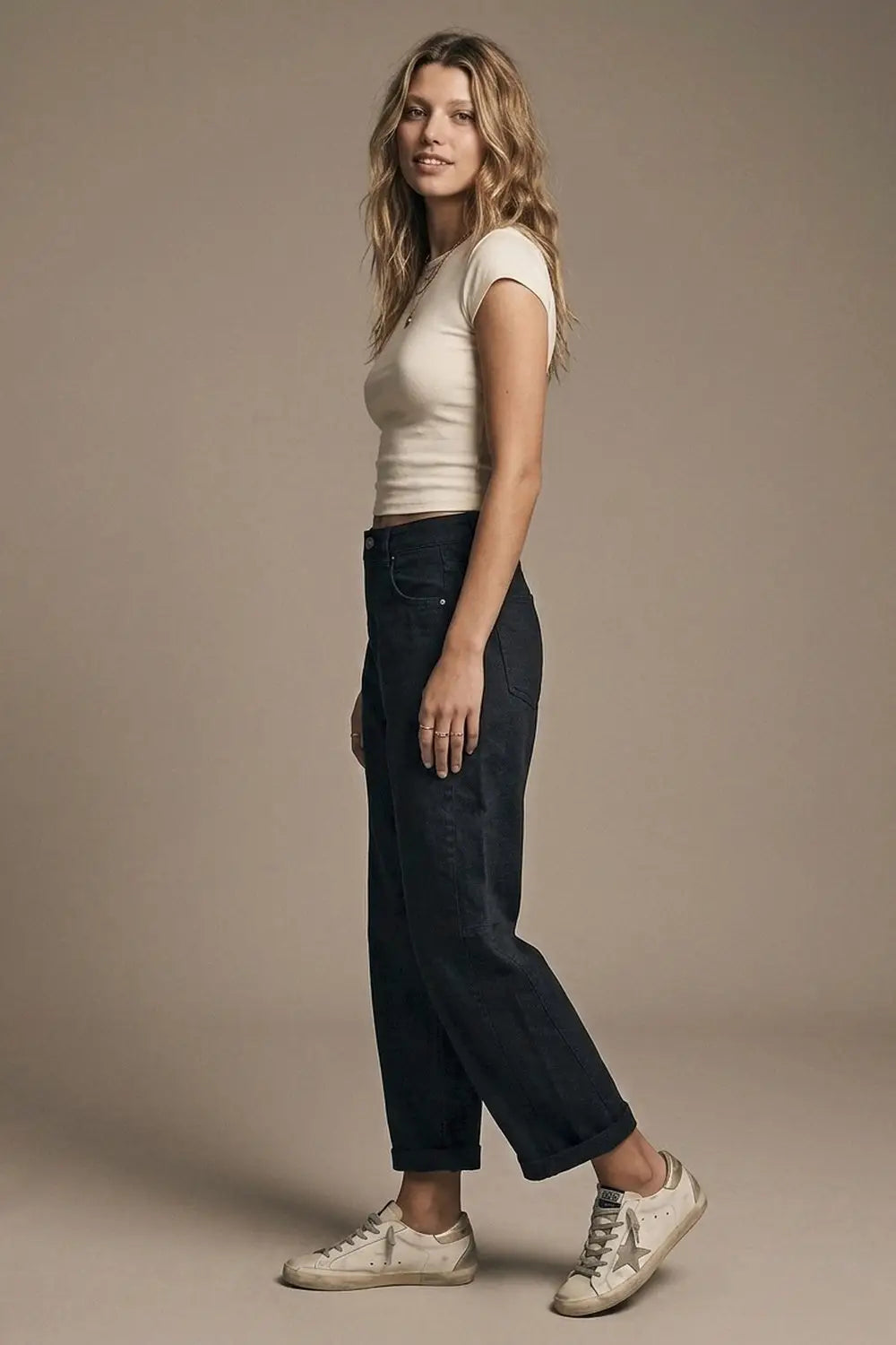 Trendy Black Barrel Balloon Jeans with Pockets - Pants