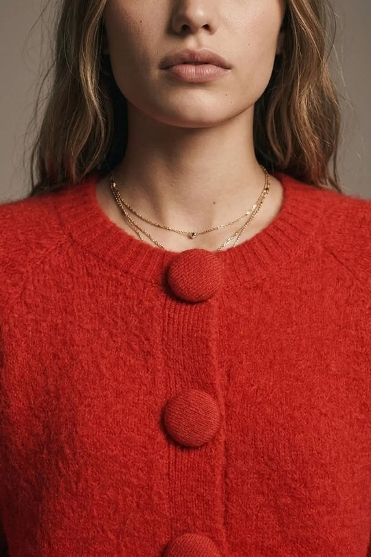Red Brushed fluffy Knit Covered Button Cropped Cardigan - RED / ONE - Cardigans