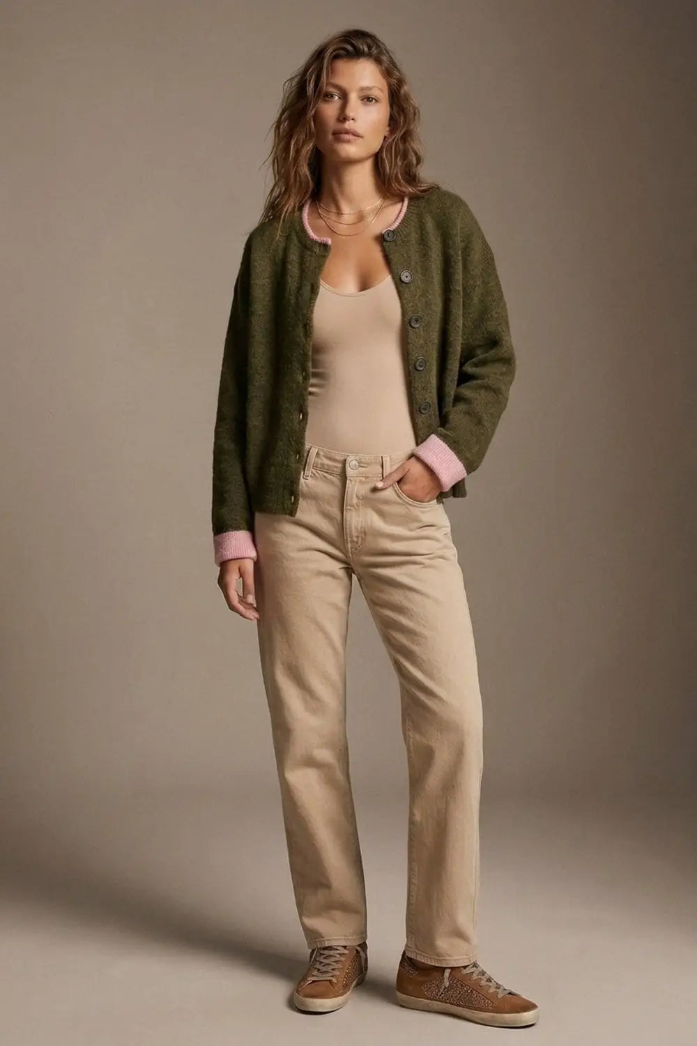 Olive Fine Knit Pink Ribbed Trim Button Cardigan - GREEN / ONE - Cardigans