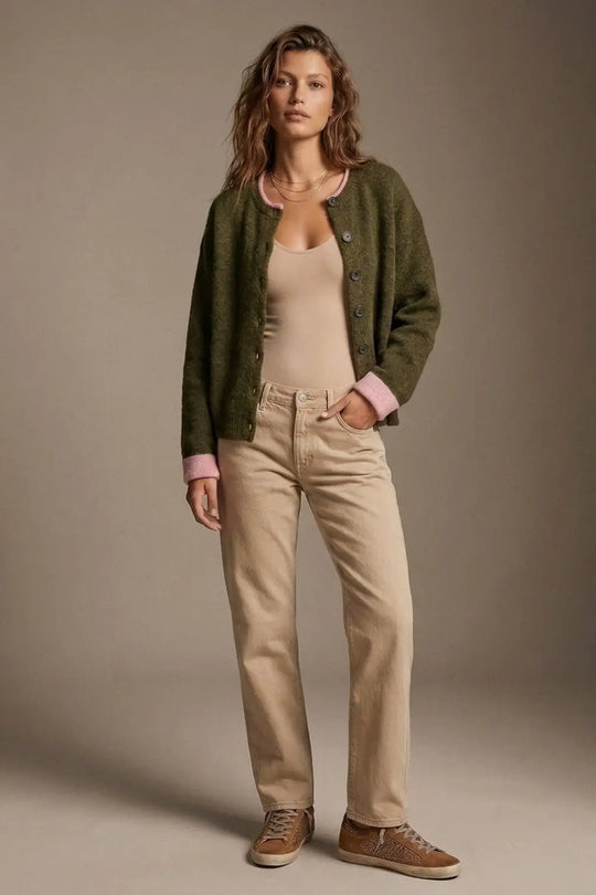 Olive Fine Knit Pink Ribbed Trim Button Cardigan - GREEN / ONE - Cardigans