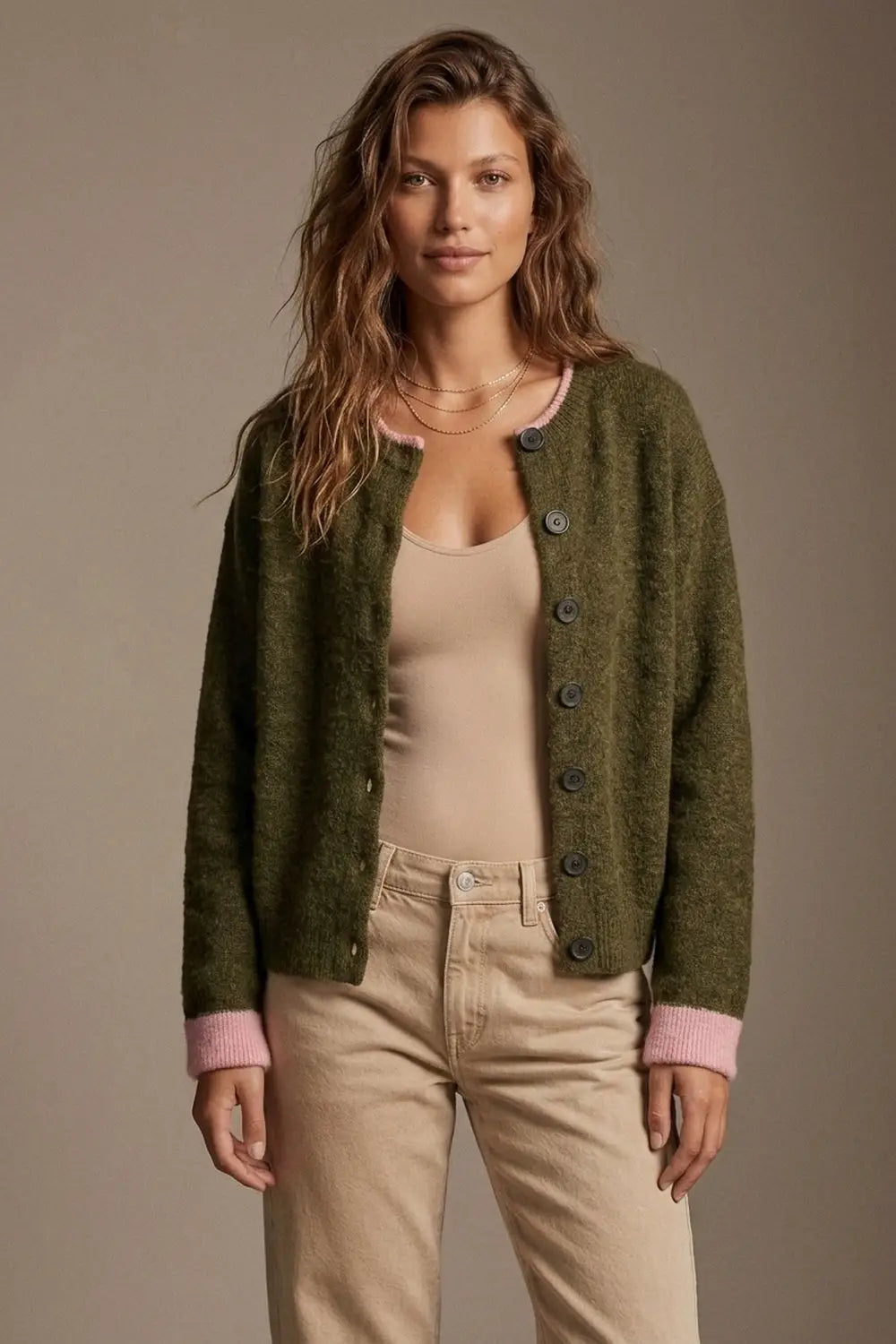 Olive Fine Knit Pink Ribbed Trim Button Cardigan - GREEN / ONE - Cardigans