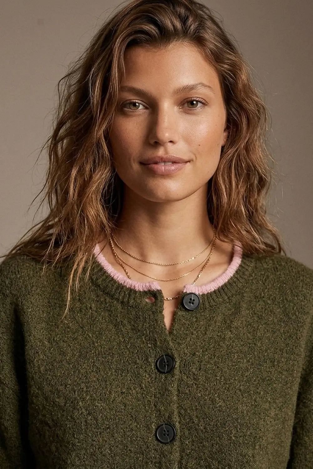 Olive Fine Knit Pink Ribbed Trim Button Cardigan - GREEN / ONE - Cardigans