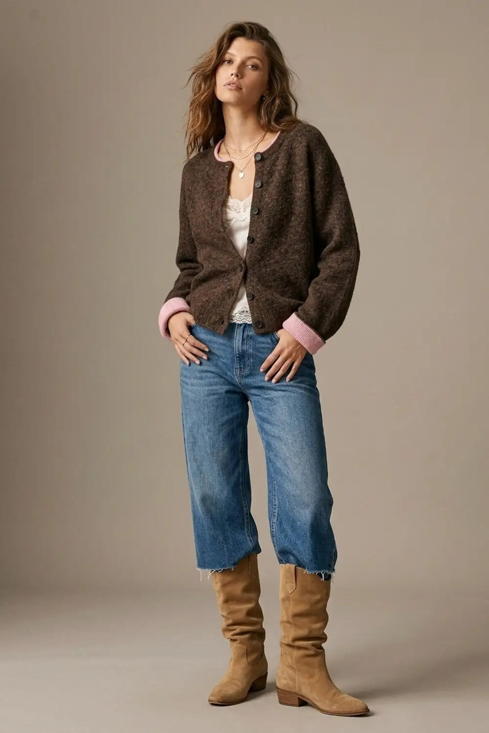 Brown Soft Knit pink Contrast Trim Button Cardigan Sweater - BROWN / ONE - Cardigans