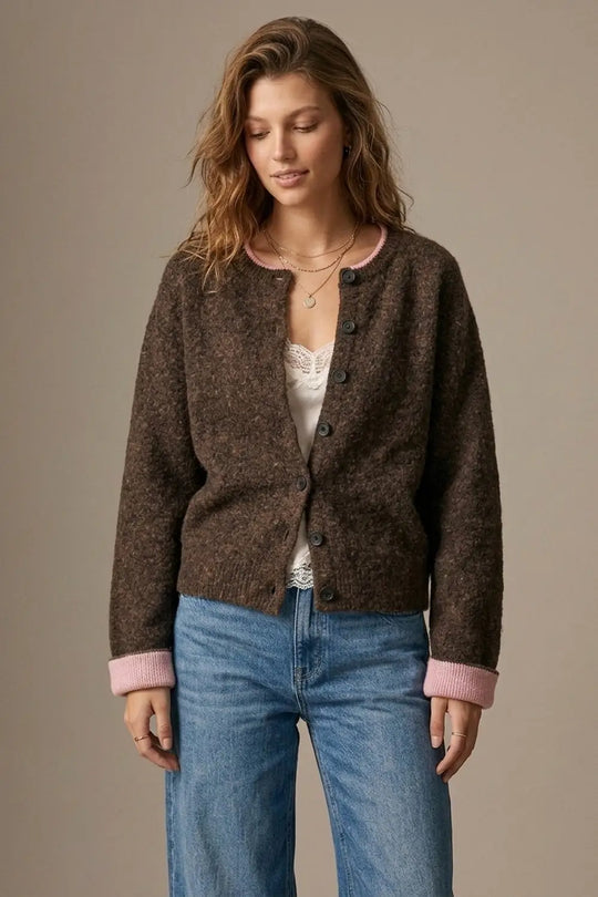 Brown Soft Knit pink Contrast Trim Button Cardigan Sweater - BROWN / ONE - Cardigans