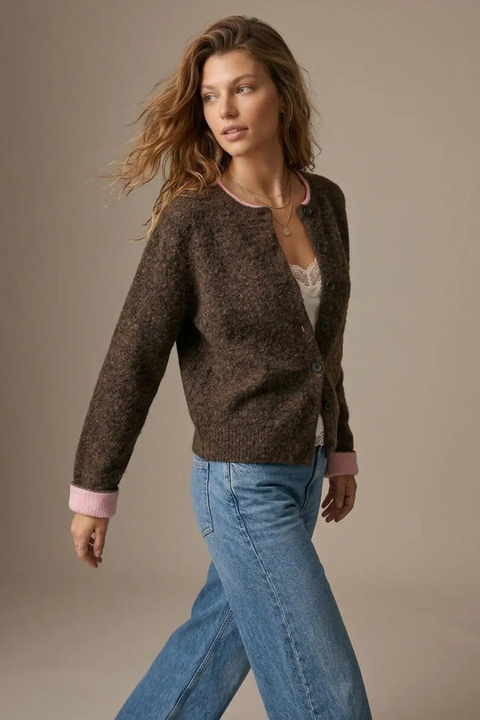 Brown Soft Knit pink Contrast Trim Button Cardigan Sweater - BROWN / ONE - Cardigans