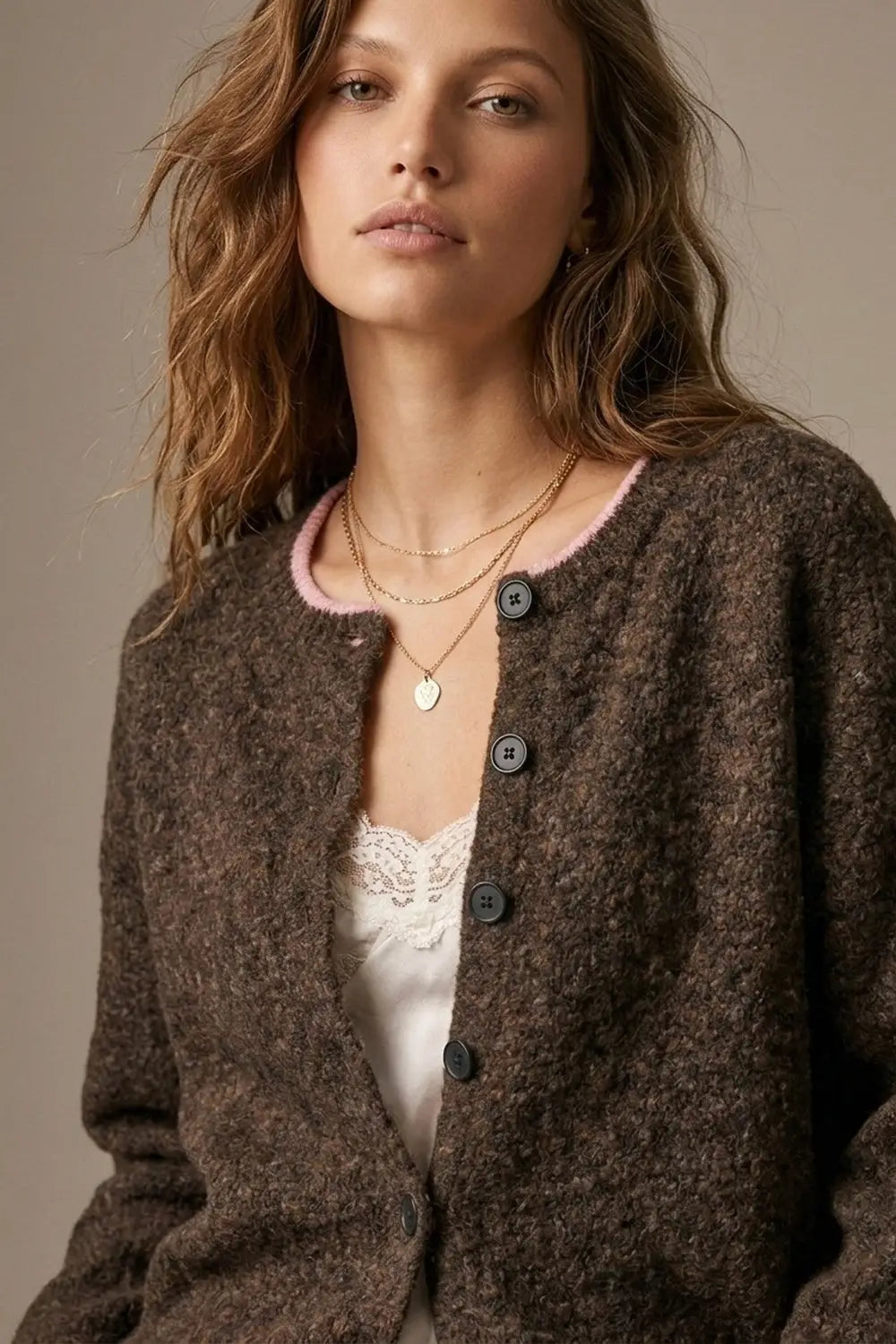 Brown Soft Knit pink Contrast Trim Button Cardigan Sweater - BROWN / ONE - Cardigans
