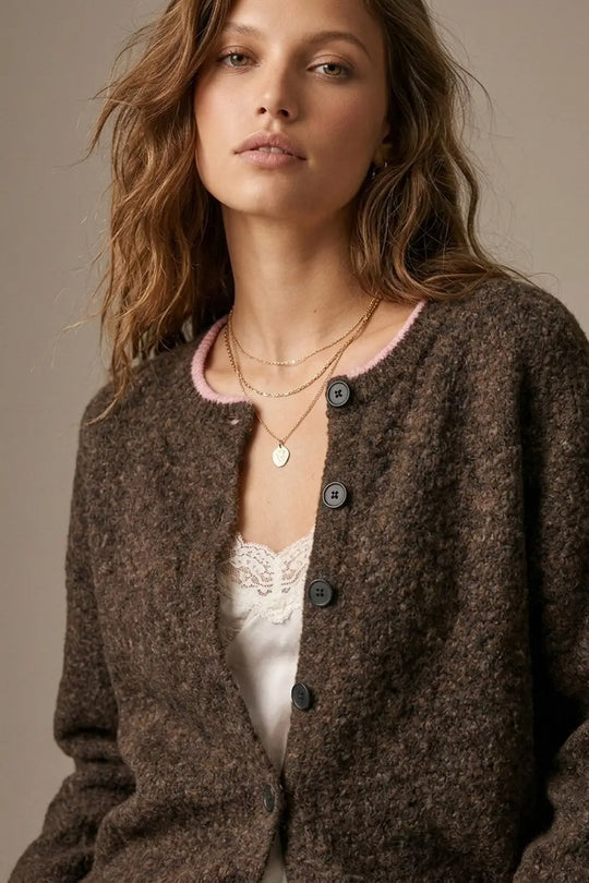 Brown Soft Knit pink Contrast Trim Button Cardigan Sweater - BROWN / ONE - Cardigans