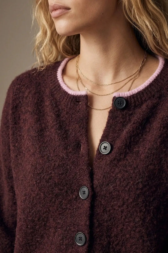 Burgundy Soft Knit Contrast Trim Button Cardigan Sweater - PURPLE / ONE - Cardigans