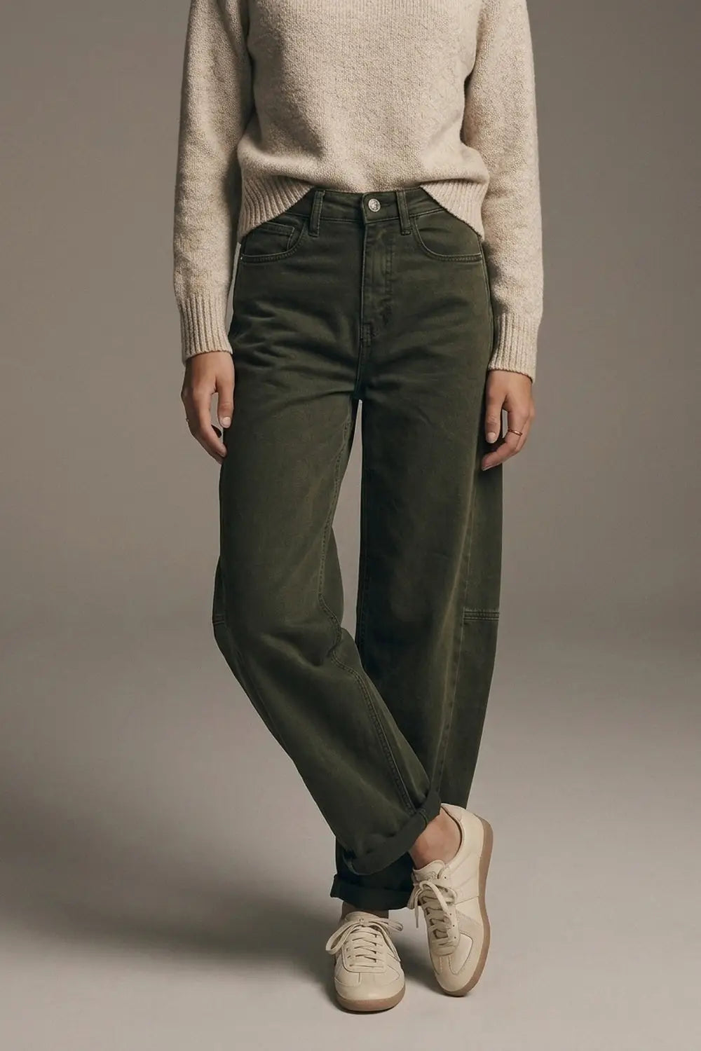 Olive Green Wide-Leg Pants in Barrel Style with side seam - Colored Jeans