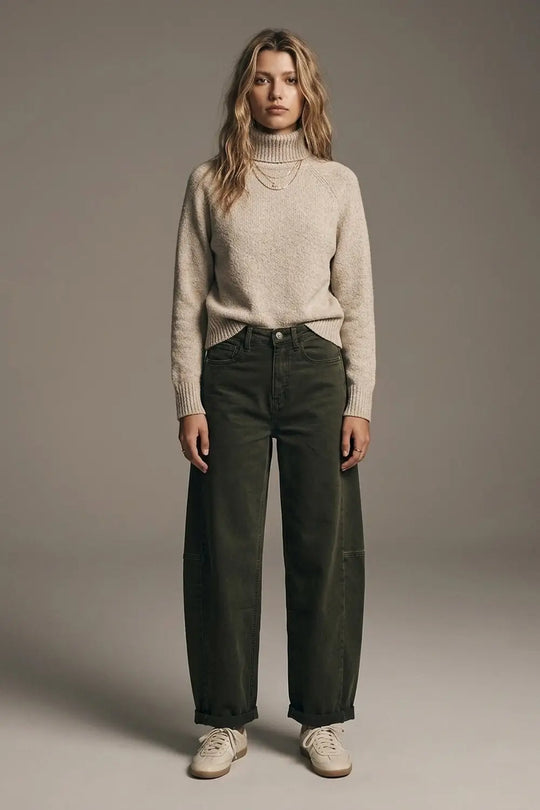 Olive Green Wide-Leg Pants in Barrel Style with side seam - Colored Jeans