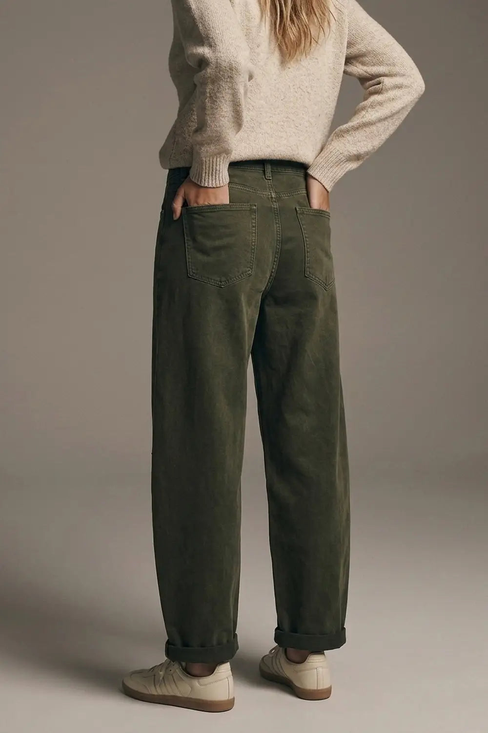 Olive Green Wide-Leg Pants in Barrel Style with side seam - Colored Jeans