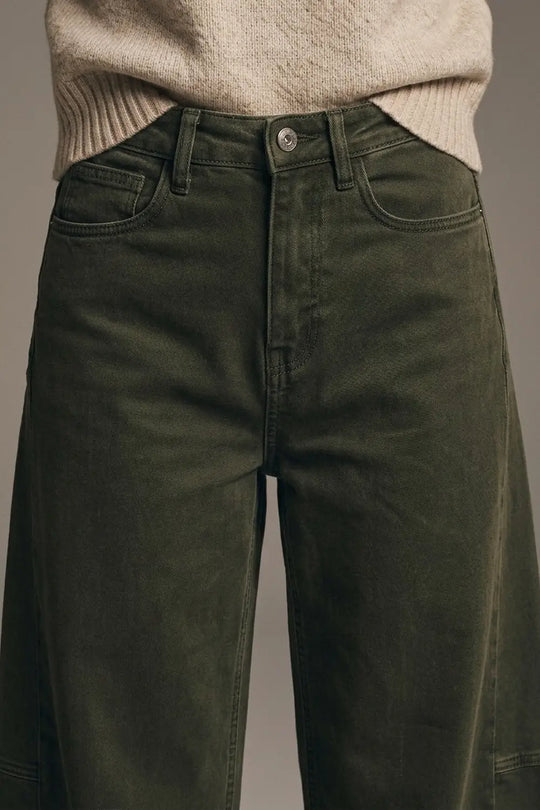 Olive Green Wide-Leg Pants in Barrel Style with side seam - Colored Jeans