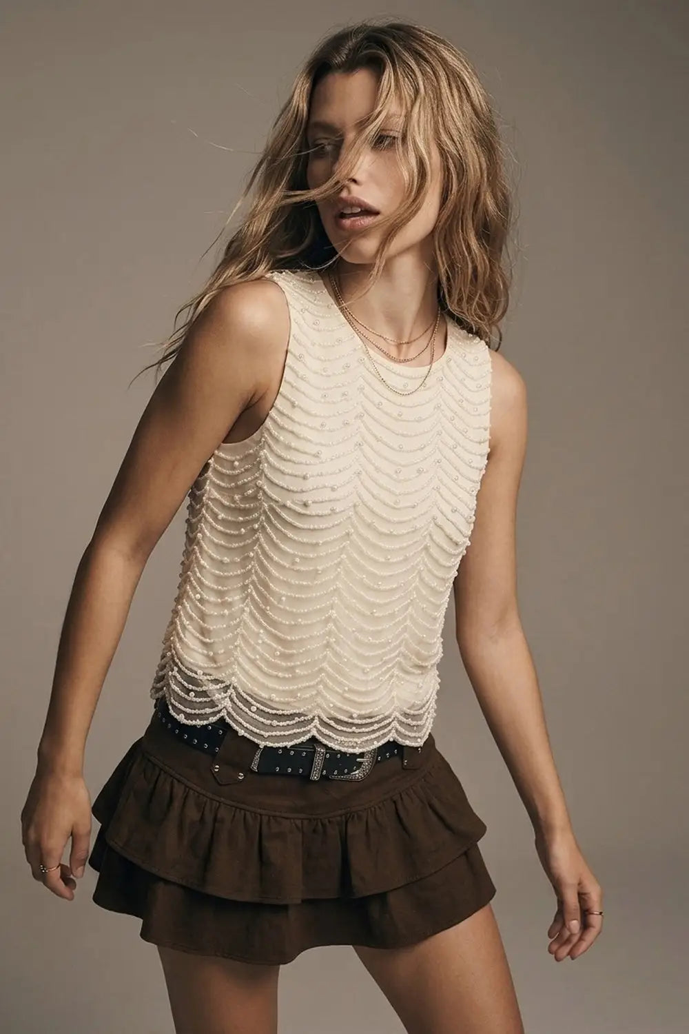 Cream Embellished Beaded Scallop Hem Sleeveless Blouse Top - Tops