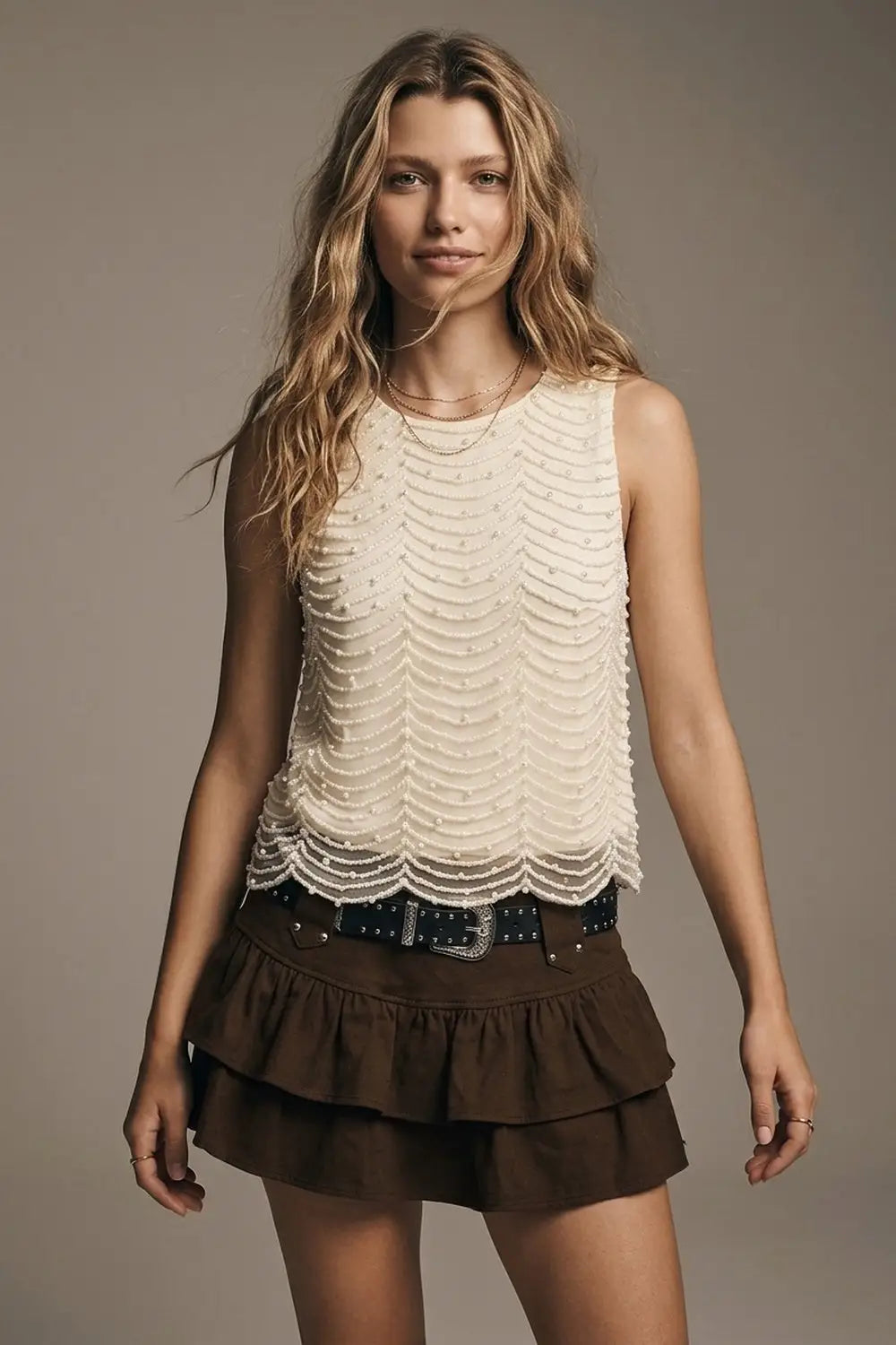 Cream Embellished Beaded Scallop Hem Sleeveless Blouse Top - Tops