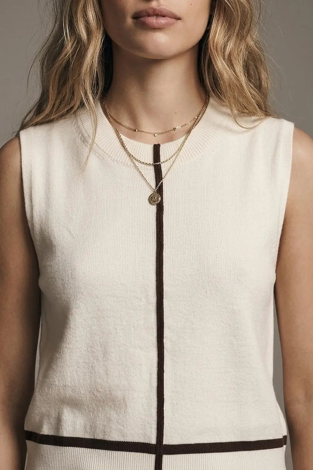 Cream Fine Knit Contrast Trim Sleeveless Sweater - Sweaters