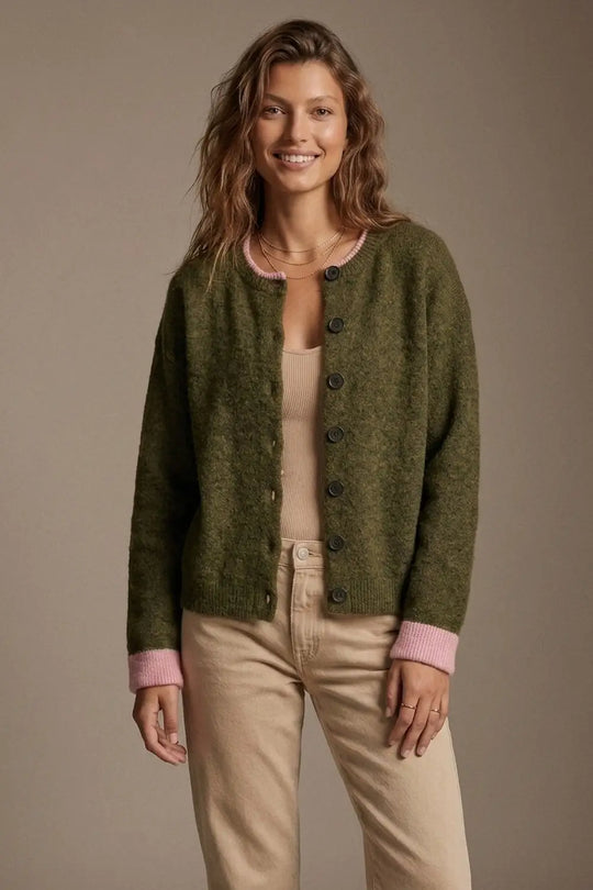 Olive Fine Knit Pink Ribbed Trim Button Cardigan - GREEN / ONE - Cardigans