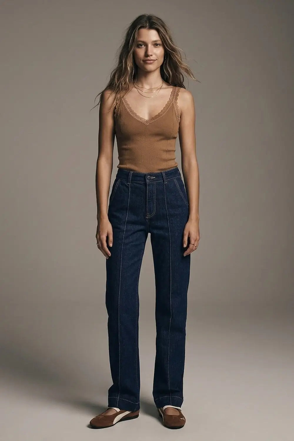 Long Straight Dark Blue Jeans With Contrast Stitching