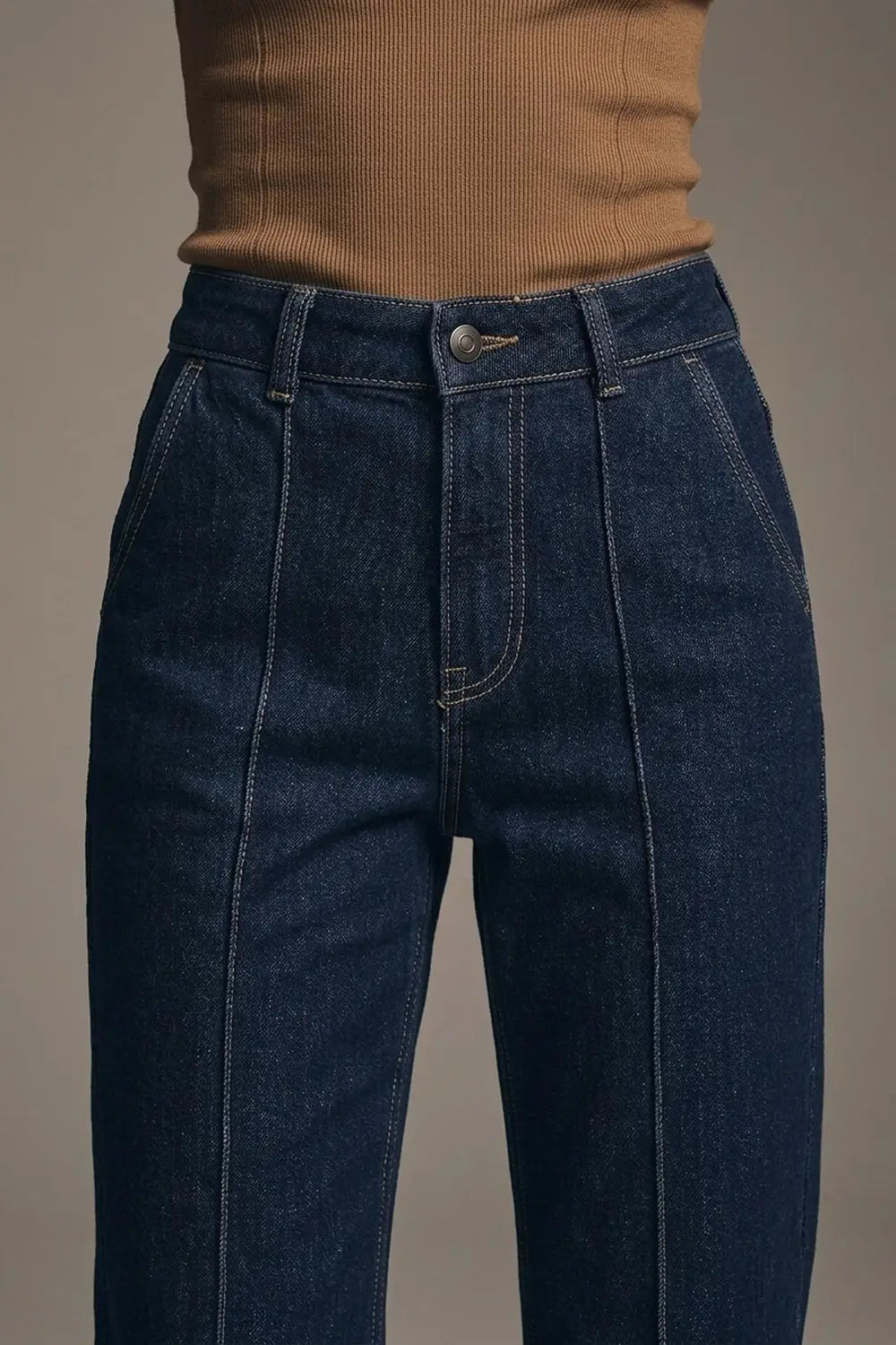 Long Straight Dark Blue Jeans With Contrast Stitching