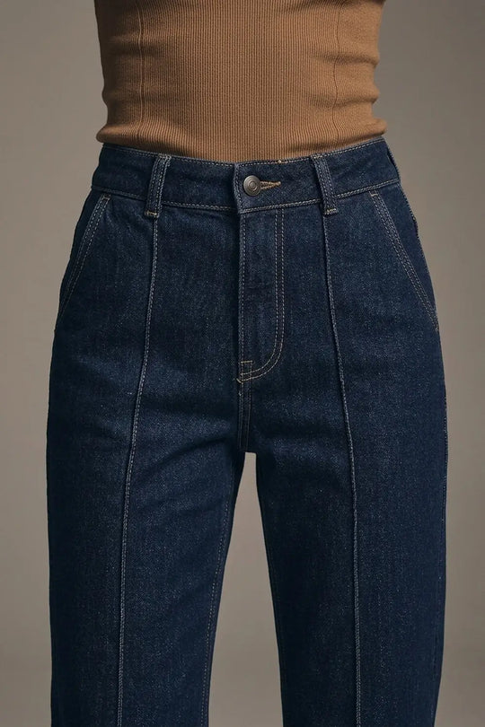 Long Straight Dark Blue Jeans With Contrast Stitching