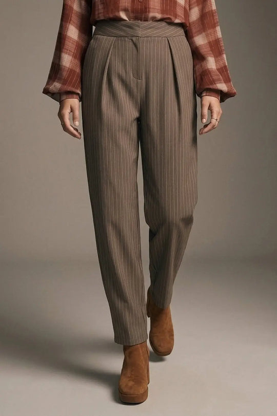 Brown Pinstripe soft Woven Pleated Tapered Pants - Pants