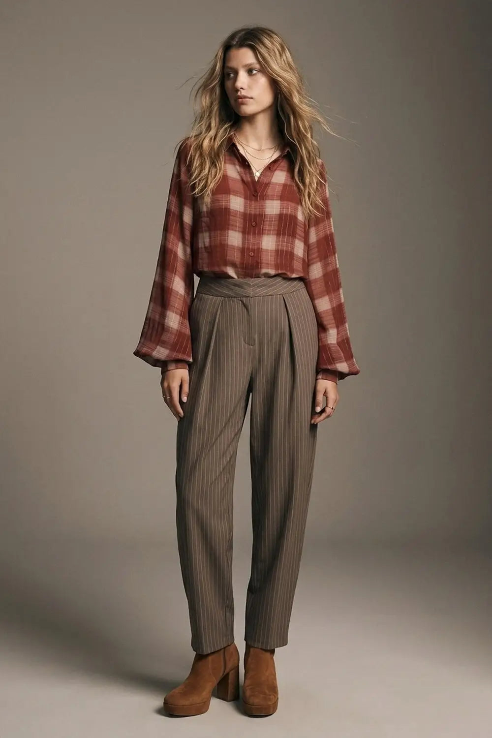 Brown Pinstripe soft Woven Pleated Tapered Pants - Pants
