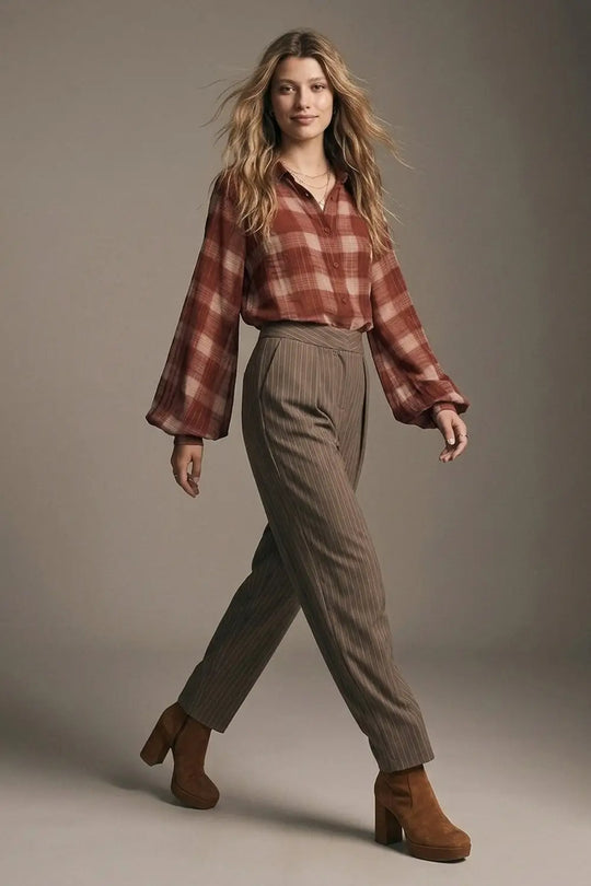 Brown Pinstripe soft Woven Pleated Tapered Pants - Pants